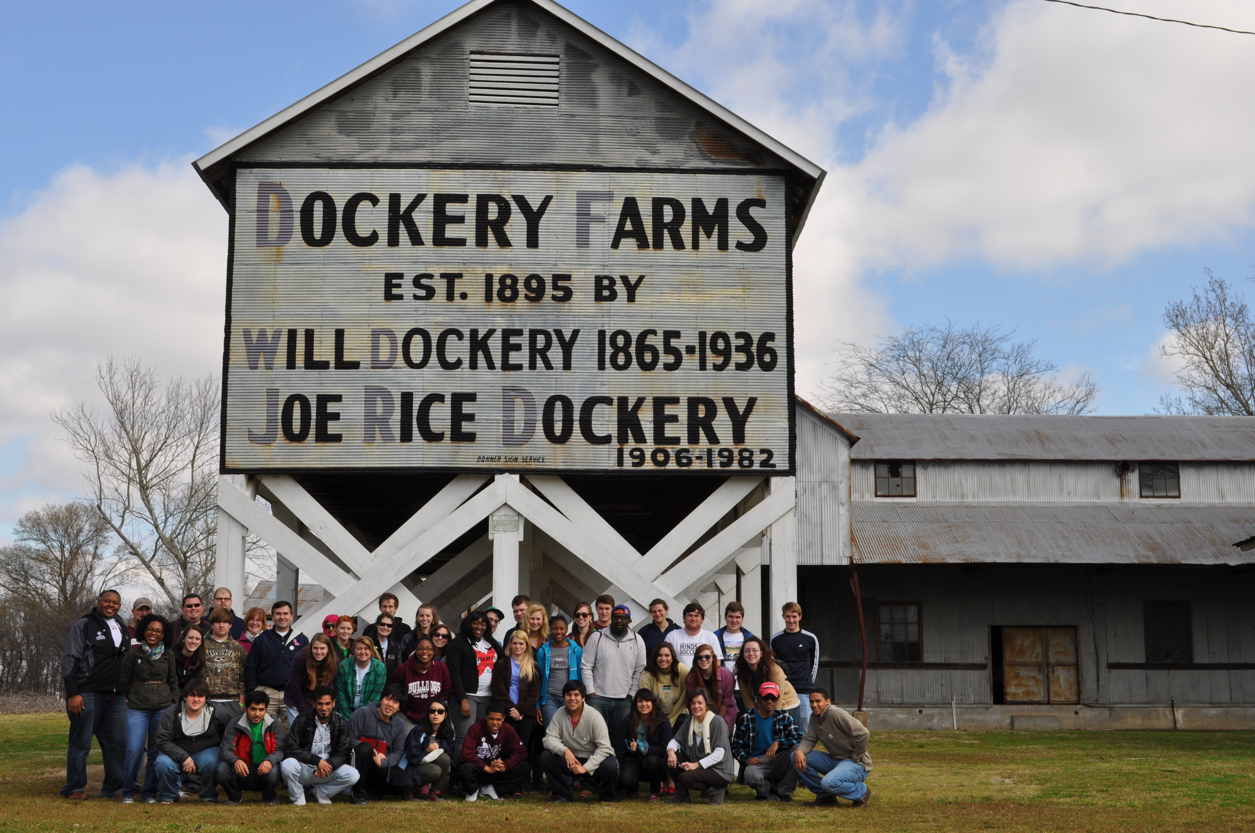 PHOTO:  The combined classes from Mississippi State University and the University of Mississippi at Dockery Farms.  Photo by Cade Smith, Student Leadership and Community Engagement Director at Mississippi State University.  